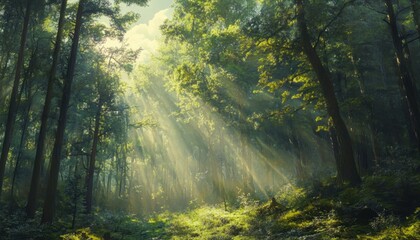 Obraz premium Sunlight streams through a lush forest canopy.