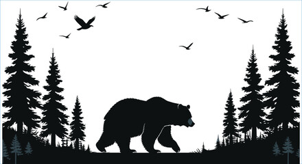 Wild bear forest silhouettes vector with trees and birds. Black and white bear in forest scene vector art
