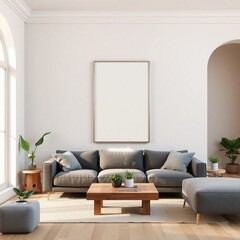 Modern living room with large window and minimal design in a bright apartment