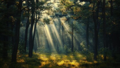 Obraz premium Sunlight streams through a misty forest canopy.