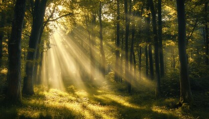 Fototapeta premium Sunlight streams through a verdant forest canopy.