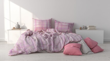 Cozy bedroom with pink bedding and pillows