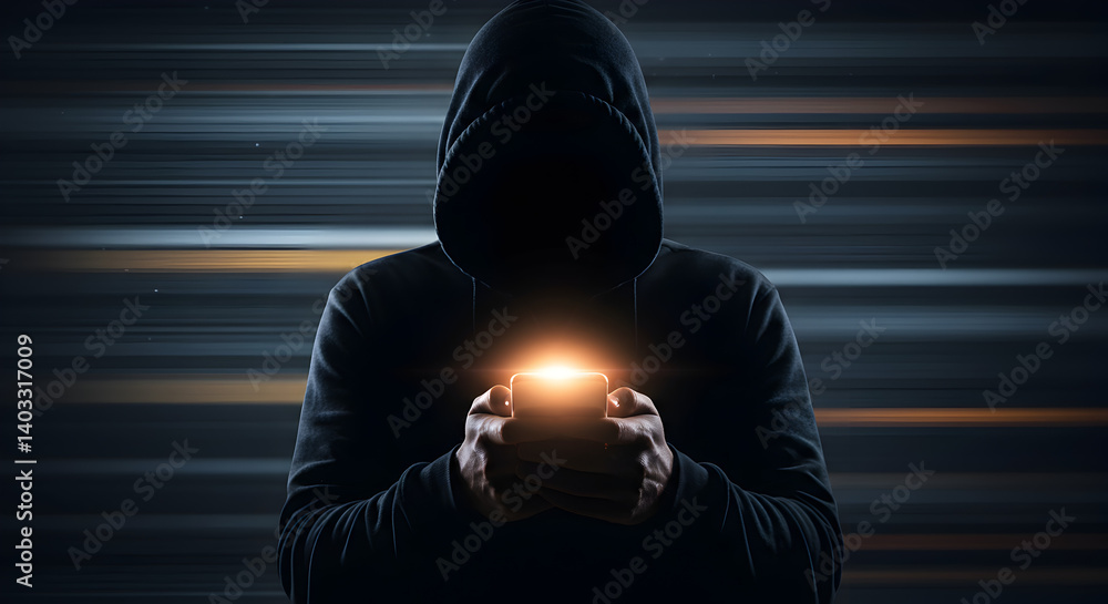 Poster mysterious hooded figure holding glowing device in dark cyberpunk background with abstract speed lin