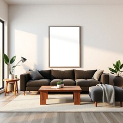 Modern living room with large window and minimal design in a bright apartment