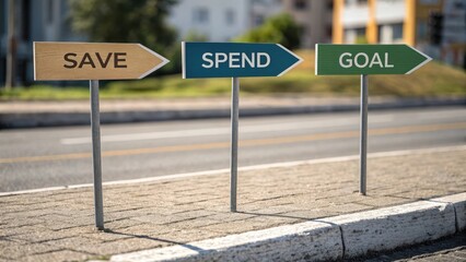 Three directional signs labeled Save, Spend, and Goal on a street.