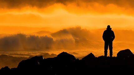 Fototapeta premium Man silhouetted, ocean waves crashing, sunset, coastal rocks, dramatic sky