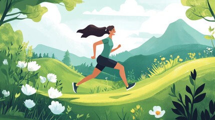 A happy woman jogs through a green landscape, representing fitness, health, and freedom