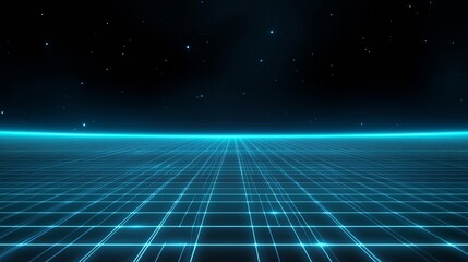 High-tech digital network grid with blue glowing lines and floating data nodes, 3D perspective, representing global connectivity and information flow.