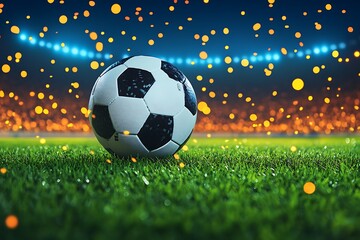 Fototapeta premium CloseUp of Black and White Soccer Ball on Green Grass at Night Stadium Lights Bokeh