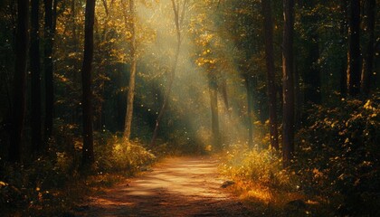 Obraz premium Sunlight streams through a tranquil forest path.