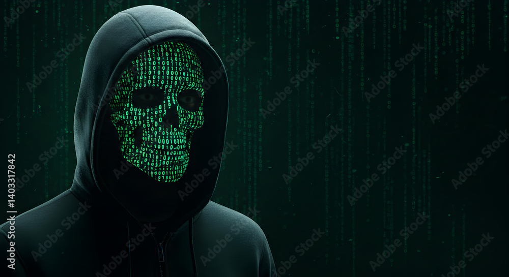 Poster mysterious hacker with skull mask in hoodie against digital binary rain cyber security concept
