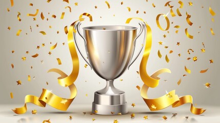 A silver cup with gold ribbons around it is surrounded by gold confetti
