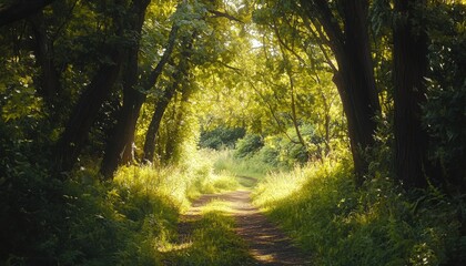 Obraz premium Sun-drenched forest path winding through lush greenery.