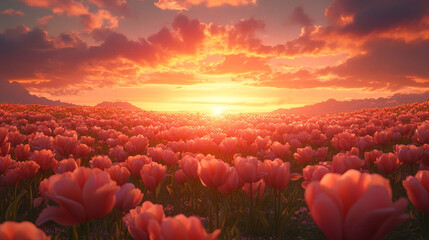 Fototapeta premium Stunning sunset over a field of vibrant pink tulips.