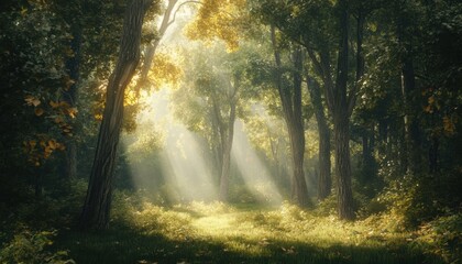 Obraz premium Sunlight streams through a mystical forest glade.