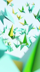 3D Origami Cranes: Vibrant Geometric Paper Art and Abstract Design in Turquoise and Green