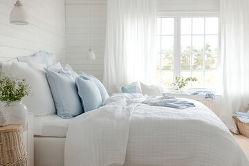 Cozy bedroom featuring white and light blue decor with natural light and floral accents in a serene setting