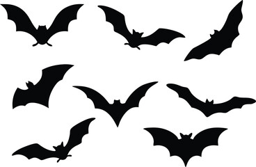 Fototapeta premium Detailed Vector Silhouette Collection Showcasing Seven Unique Bat Flying Postures Featuring Varied Wing Shapes and Positions in Bold Black-and-White Style for Wildlife-Themed Design Projects, Artistic