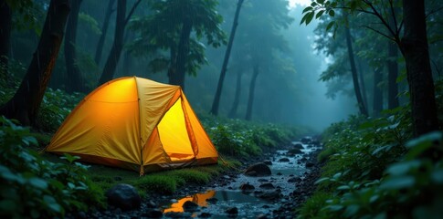 Rain-soaked yellow tent glows, misty rainforest, lush foliage, scene, tent
