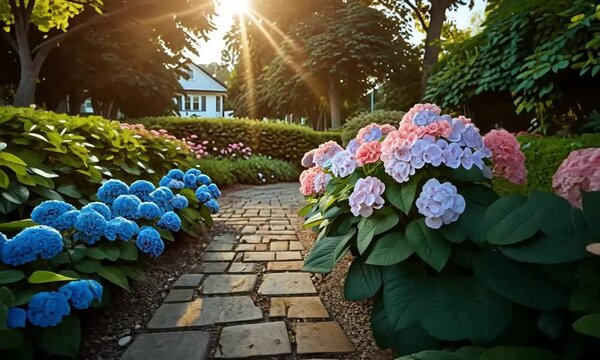 Vibrant hydrangea garden path with blooming blue and pink flowers, sun-drenched stone walkway in a lush backyard landscape, idyllic summer garden scene