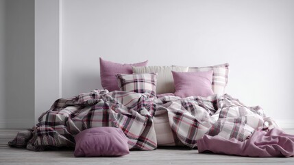 Cozy bedroom with purple pillows and plaid bedding.