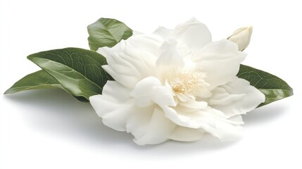 White camellia blossom, green leaves, studio shot, pure white background, floral design