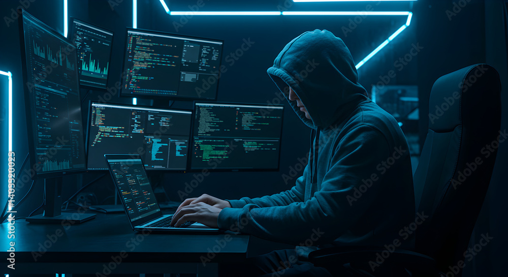 Poster mysterious hacker typing on laptop with multiple monitors in dark room with neon lights focused on c