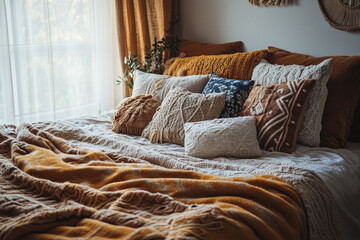 Cozy bedroom atmosphere featuring textured pillows and warm blankets during late afternoon light
