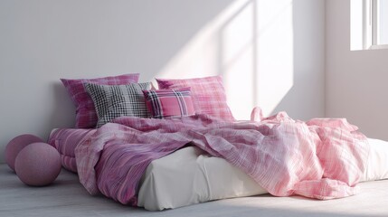 Pink bedding and pillows on a bed