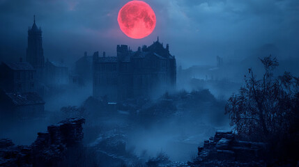 Crimson moon casts eerie light on a haunted medieval town.