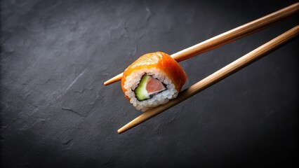 Sushi piece placed between two chopsticks on a dark black background with subtle texture, surrounded by negative space for focus, Japanese cuisine, simple