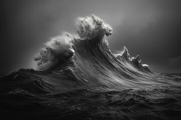Majestic ocean wave crashing dramatically against the dark sky during a stormy day