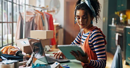 Woman, tablet and typing on laptop of small business for stock check, planning logistics and...