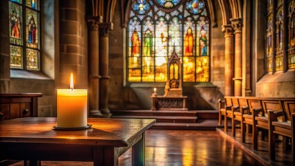 Obraz premium A lone candle stands on a wooden altar in a dimly lit church with stained glass windows and intricate stone carvings, evening ambiance, spiritual setting