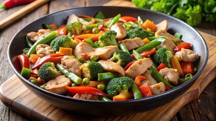 Chicken and mixed vegetables stir-fry in a skillet with savory sauce simmering on the stovetop, savory sauce, meal