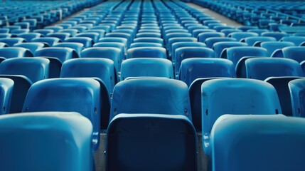 Fototapeta premium Empty rows arranged blue seats of outdoor tribune sport building stadium.