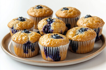 Homemade blueberry muffins arranged on a plate showcasing their golden tops and bursting fruit