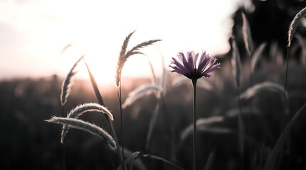 Obraz premium Close up grass field flower in beautiful golden sunset background, created by generative ai