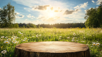 A rustic wooden podium set in a sunlit field serves as a charming display for natural products and seasonal showcases