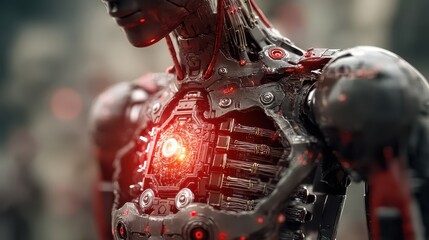 Futuristic robot with glowing core, sleek metallic armor, artificial intelligence theme, perfect for sci-fi storytelling.