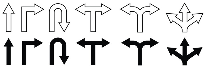 Direction icon set. Alternate Route line and filled flat designs. Go straight this way one way only U turn left and right vector illustration.