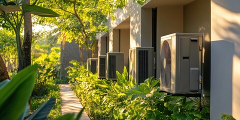 Fototapeta premium Air Conditioning Units in a Lush Tropical Garden