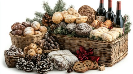 A Festive Holiday Gift Basket Overflowing with Delicious Breads, Wine, and Festive Accents