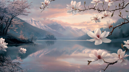 A serene white magnolia blossoms by a tranquil lake at twilight, surrounded by soft pastel reflections--perfect for romantic spring themes