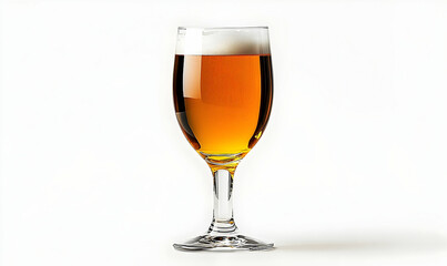 Glass of golden beer with frothy head on a white background, perfect for beverage advertising