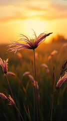 Obraz premium Close up grass field flower in beautiful golden sunset background, created by generative ai