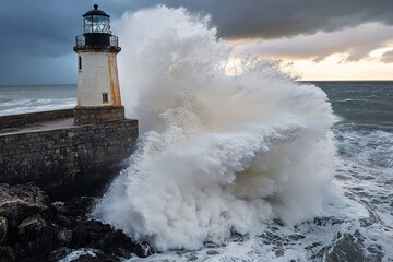Waves crashing against a lighthouse during a stormy sunset at the coast