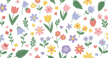 Set of spring and summer hand drawn flowers. Floral elements, wildflower, leaves and herb, plants, foliage on white background.