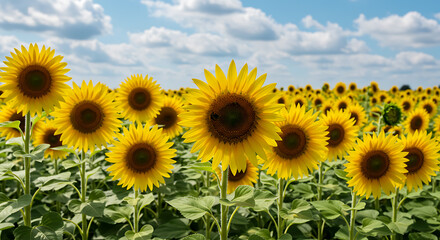 Fototapeta premium Golden sunflowers facing the sun under a vibrant blue sky with fluffy clouds in a sprawling field.