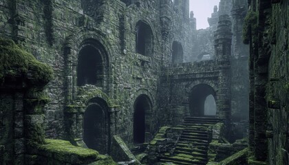 Fototapeta premium Ruined stone corridors of a forgotten fortress.
